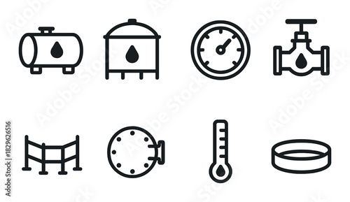 Industrial icons: tanks, gauges, valves, pipelines, thermometer for engineering systems
