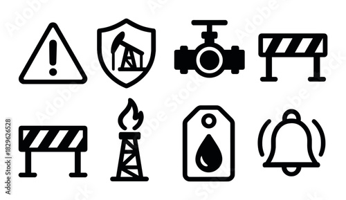 Oil industry icons: safety warning, drilling rig, pipe valve, barrier, flame, oil drop, alert bell