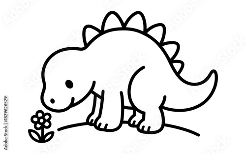Cute dinosaur outline smelling flower in minimalist black and white style