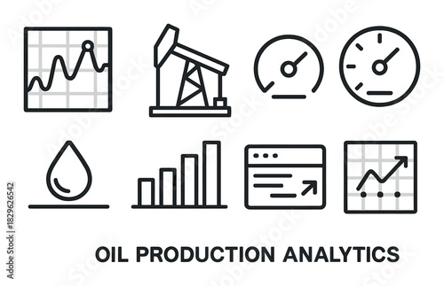 Oil production analytics icons: data, graphs, and monitoring tools