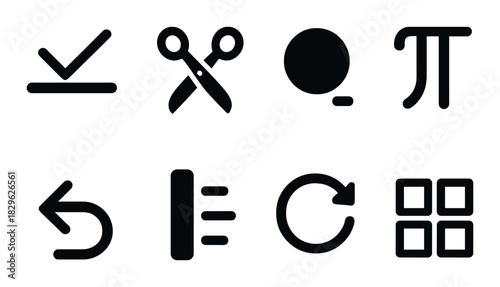 Black icon set with scissors, arrow, circle, pi, and rotation symbols