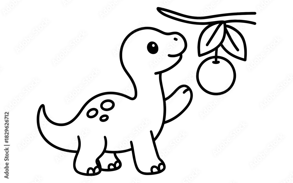 Fototapeta premium Cute dinosaur reaching for fruit in simple black and white drawing for kids