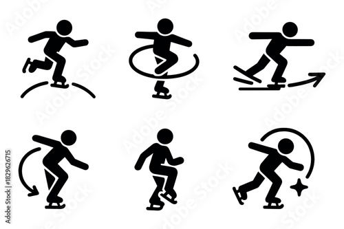 Silhouette figure skating pictograms depicting various moves and techniques