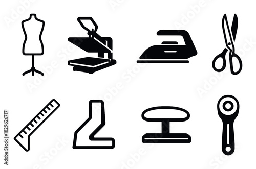Sewing and tailoring icons: mannequin, scissors, iron, cutting tools, pressing equipment