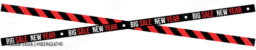 Two intersecting warning tapes with big sale new year text on a white background design element , ribbons, stripes, tape