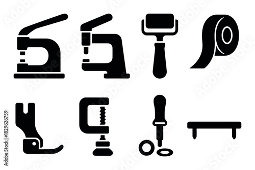 Set of industrial tools silhouette icons for equipment and machinery
