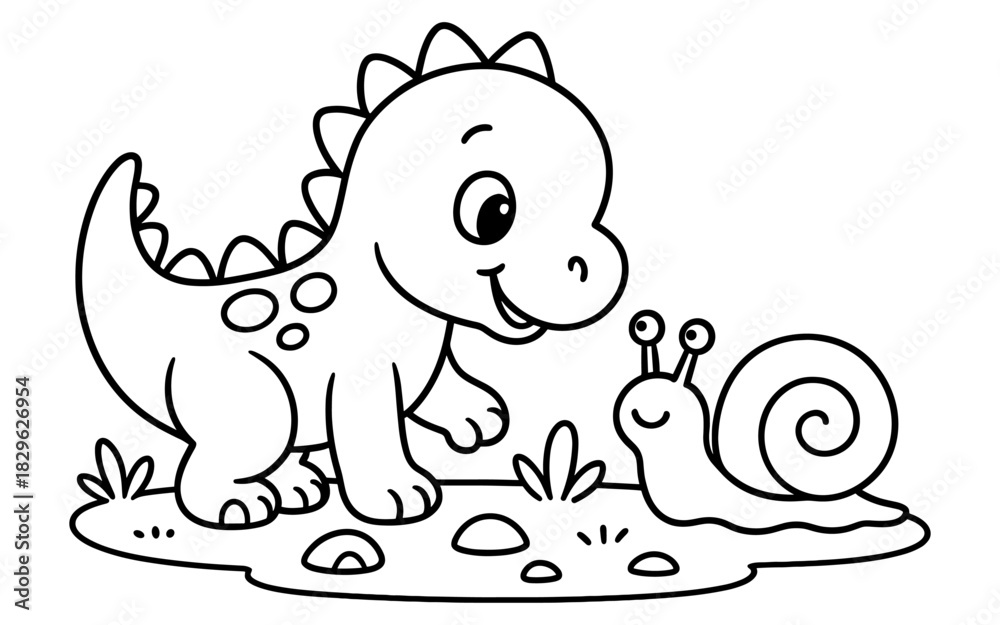 Obraz premium Adorable dinosaur and snail friendship coloring page for kids