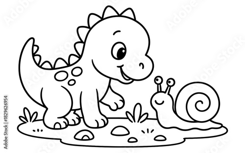 Adorable dinosaur and snail friendship coloring page for kids