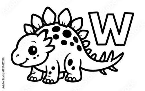 Cute cartoon dinosaur with alphabet letter w for kids coloring page