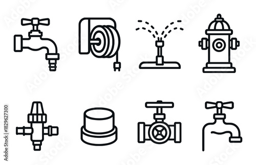 Outline icons of fire safety equipment and water management tools