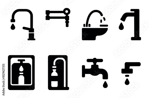 Silhouette collection of various water faucets and taps with dripping water icons
