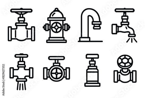 Set of various industrial valves and hydrants icons