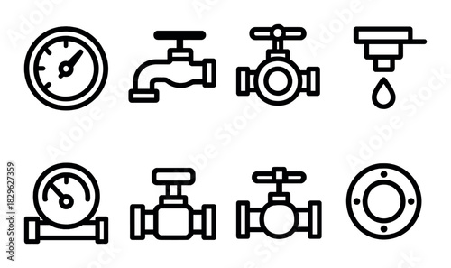 Black icons: pressure gauge, faucet, valve, pipe, drip on dark background