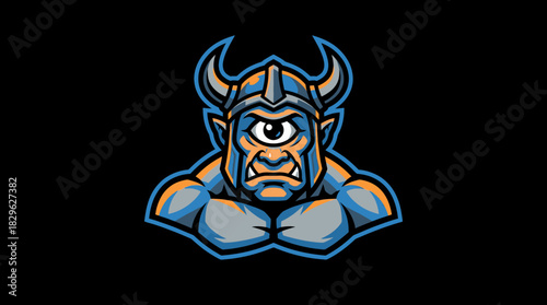 Fierce one-eyed cyclops warrior with a horned helmet, a powerful mascot for a sports team logo