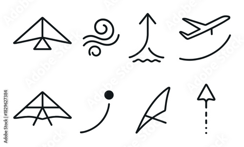 Aviation symbols: hang glider, airflow, arrow, airplane icons on gradient background
