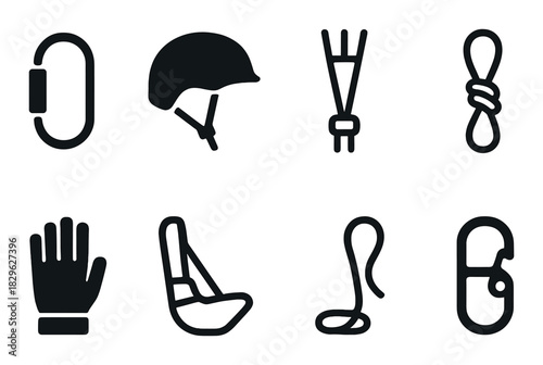 Set of climbing gear icons featuring carabiners, helmet, ropes, glove, harness