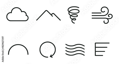 Minimalistic line icons of weather and nature elements on green background