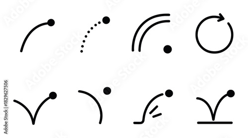 Physics motion paths: arc, bounce, spiral, curve, and loop patterns