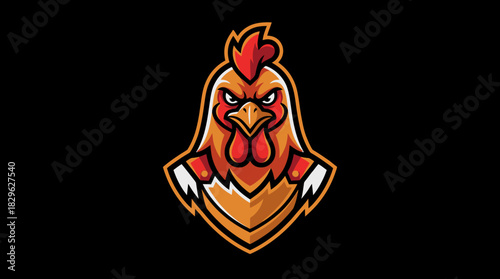 Aggressive Rooster Mascot Logo Design on Black Background, Fierce Bird Emblem