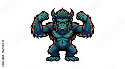 Cartoonish strong gorilla mascot showcasing its strength, muscles flexed, with a determined, fierce expression