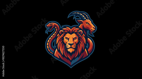 Mythical Chimera creature Lion, Goat, and Snake heads in a fierce, powerful, and legendary depiction