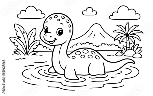 Cute dinosaur coloring page for kids with mountain landscape and clouds