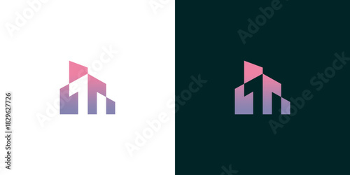 Modern abstract architectural logo design showcasing a sleek urban building concept with a vibrant gradient, ideal for real estate, city development, or corporate branding
