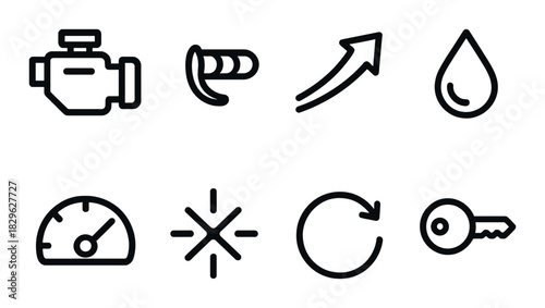 Set of automotive dashboard icons: engine, oil, speed, key, arrows