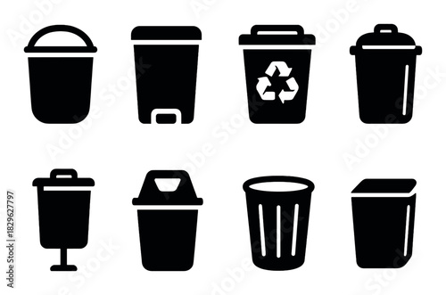 Silhouettes of various trash and recycling bins on dark background