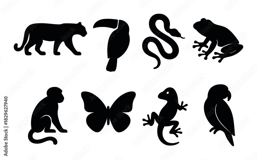 Fototapeta premium Silhouettes of exotic animals: toucan, snake, frog, monkey, butterfly, lizard, parrot, panther