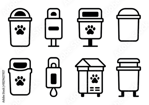 Pet waste bins and disposal icons in silhouette set on dark background