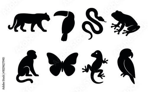 Silhouettes of exotic animals: toucan, snake, frog, monkey, butterfly, lizard, parrot, panther