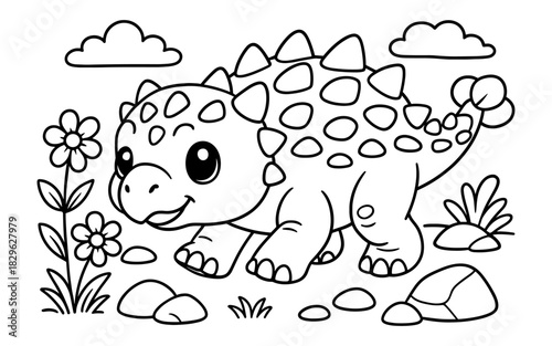 Cute dinosaur coloring page with flowers and clouds for kids