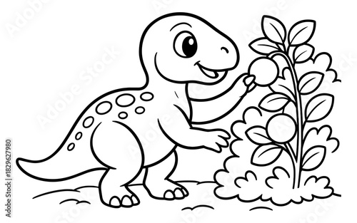 Happy dinosaur picking fruits in playful cartoon style