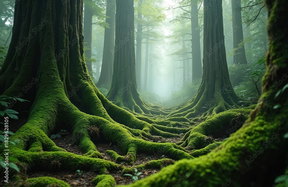 Naklejka premium Mossy roots form winding natural path in ancient emerald forest. Giant trees with thick majestic trunks stand tall, reaching high. Rich green foliage covers woodland floor. Misty fog creates soft