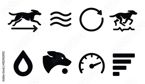 Black icon set featuring dogs, speed, and flow symbols on dark background