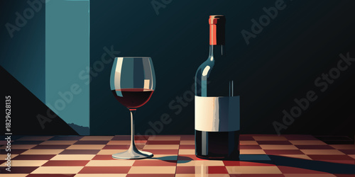 A glass of red wine and a bottle on a checkered surface