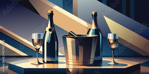 Elegant champagne bottles and glasses ready for celebration