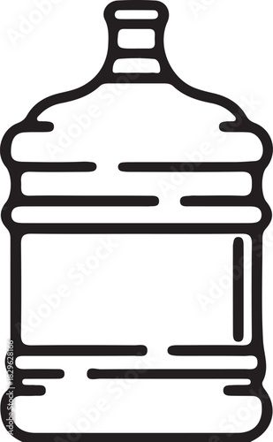 A simple black and white line drawing silhouette of a large water cooler bottle with a narrow neck and a wider body isolated on transparent background