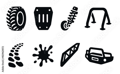 Off-road vehicle icons set: tire, mudguard, suspension, bumper, tracks, splash