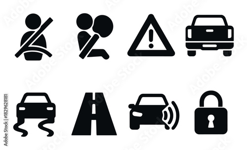 Vehicle safety dashboard icons including seatbelt and airbag alerts