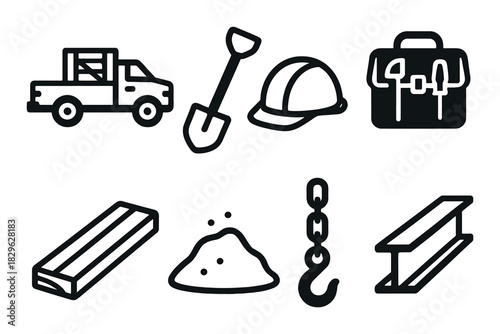 Industrial tools and equipment icons including truck, shovel, helmet, and more
