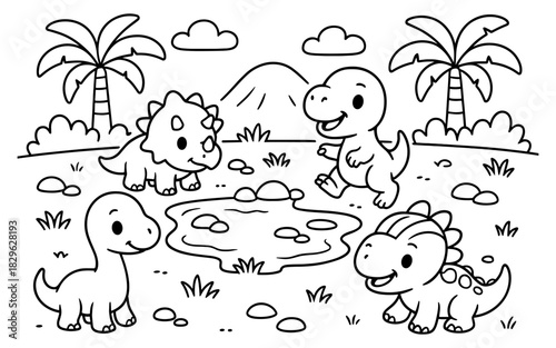 Playful dinosaur coloring page for kids: cute prehistoric animals in a fun landscape