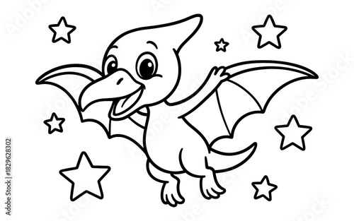 Cute cartoon pterodactyl flying among stars in black and white line art for kids