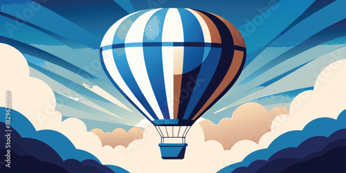 Blue and white striped hot air balloon soaring through dramatic clouds and sky