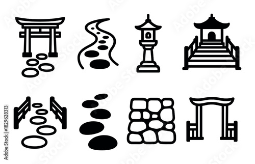 Japanese garden icons: lantern, bridge, torii gate, pathway designs, pagoda