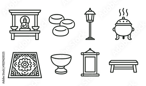 Line art of asian-inspired objects: buddha, tea set, lantern, incense burner, rug, chalice, scroll, bench