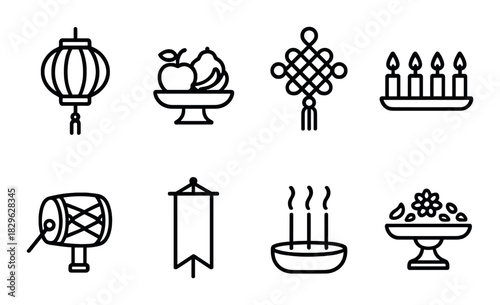 Traditional asian cultural icons: lanterns, fruit bowls, knotwork, candles