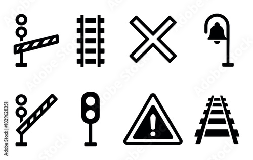 Railroad sign icons in black and white: safety and navigation symbols