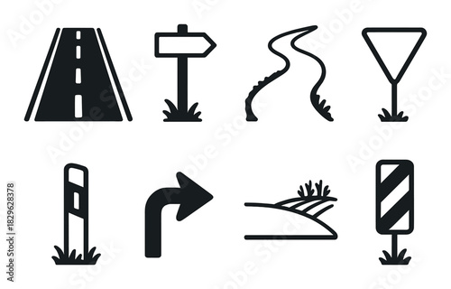 Minimalist black road and traffic signs on textured background